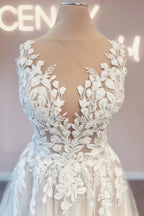 Modest Long V-Neck Sleeveless Lace Backless Wedding Dress Online