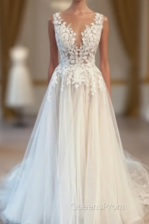 Modest Long V-Neck Sleeveless Lace Backless Wedding Dress Online