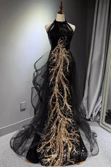 Modest Mermaid Halter Long Black Evening Prom Dress