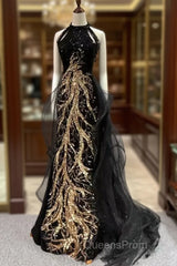 Modest Mermaid Halter Long Black Evening Prom Dress