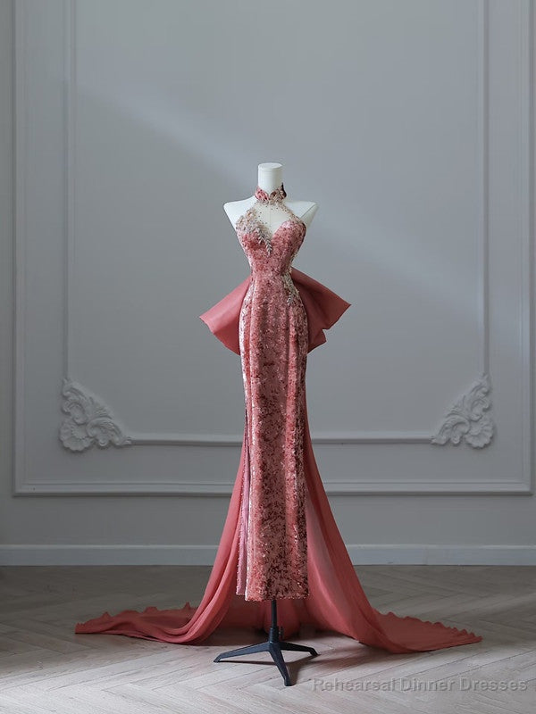 Modest Mermaid High Neckline Velvet Evening Dress Long Prom Dresses Main image