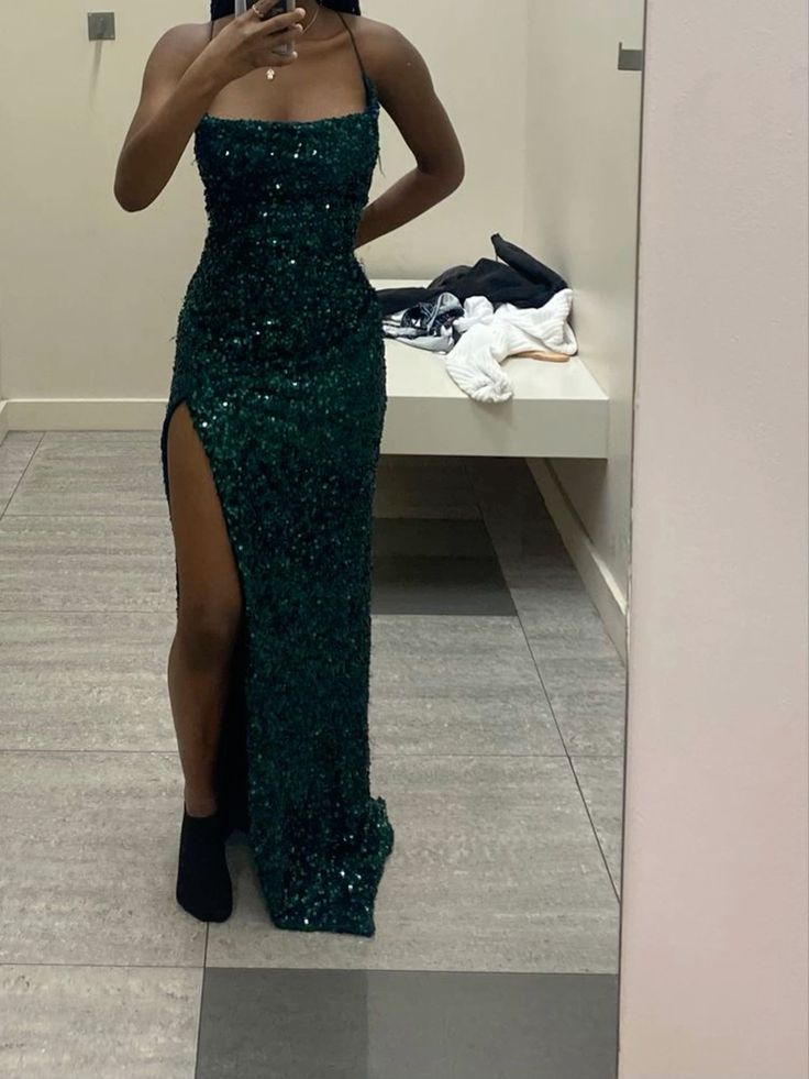 Modest Mermaid Long Dark Green Sequin Slit Classy Prom Dress Main image