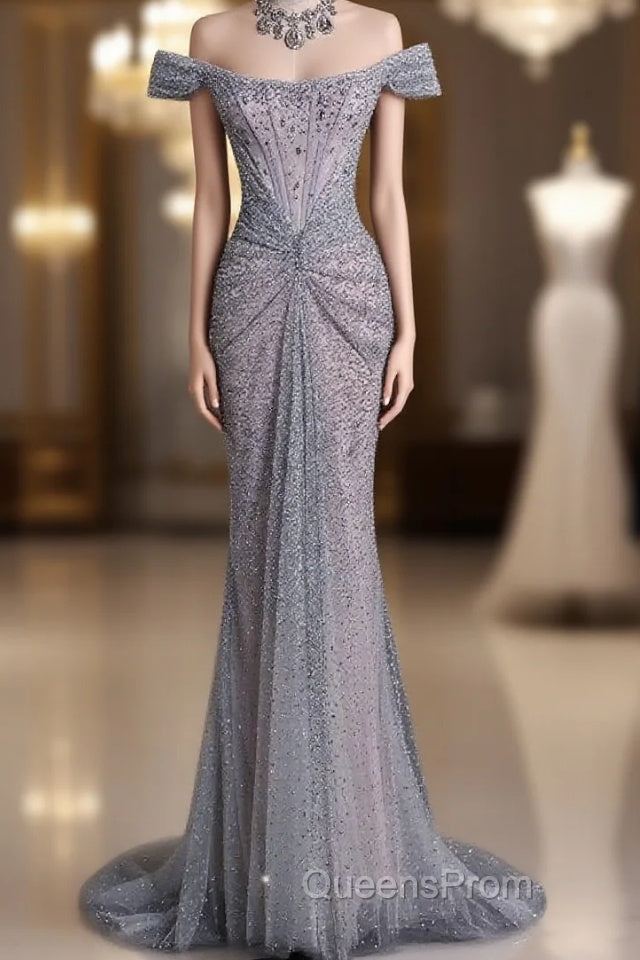 Modest Mermaid Off The Shoulder Sequin Long Evening Prom Dress Formal Graduation Party Dress Evening Dress Main image