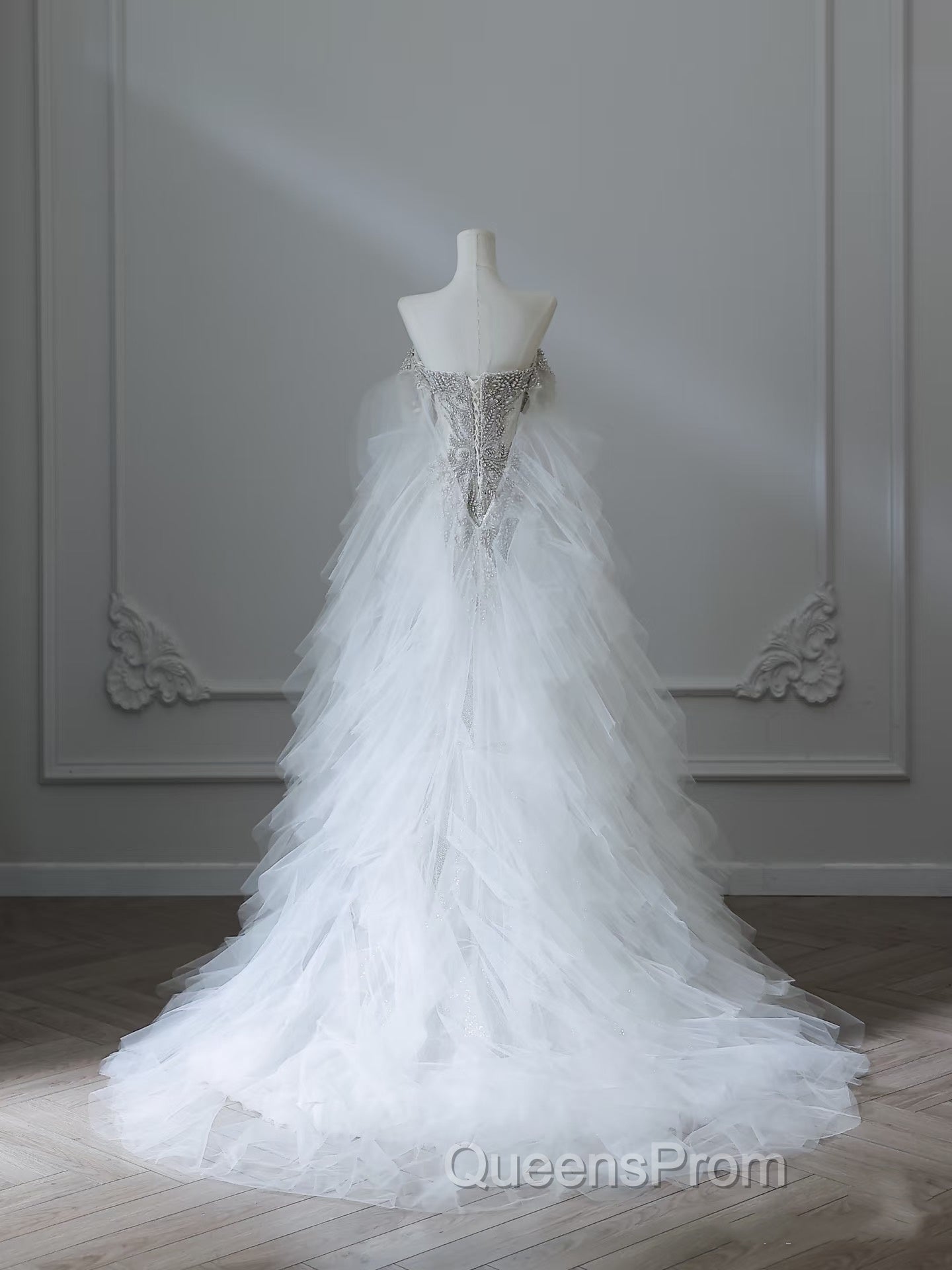 Modest Mermaid Off The Shoulder White Tulle Long Wedding Dress Brides Dress