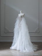 Modest Mermaid Off The Shoulder White Tulle Long Wedding Dress Brides Dress