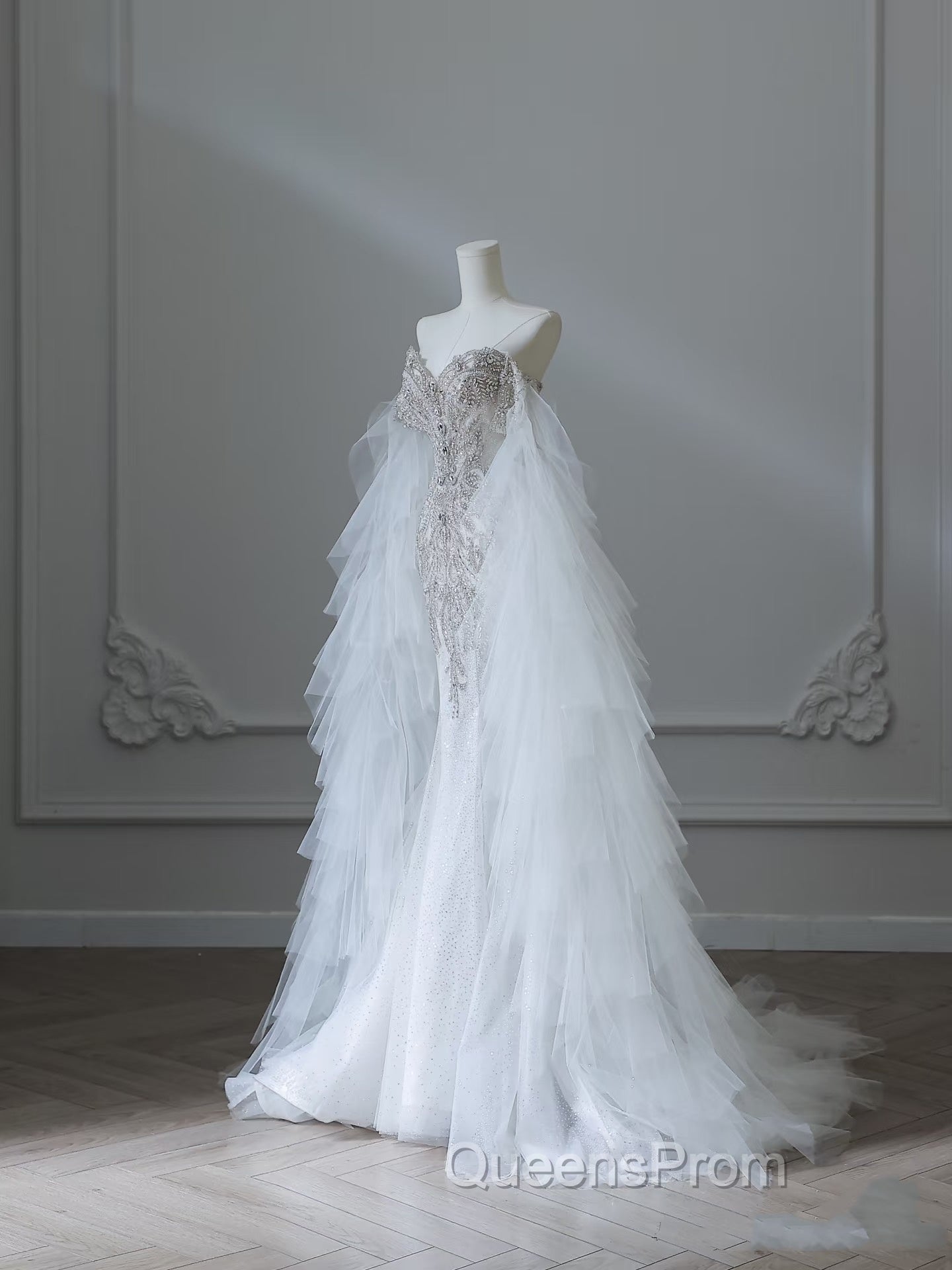 Modest Mermaid Off The Shoulder White Tulle Long Wedding Dress Brides Dress