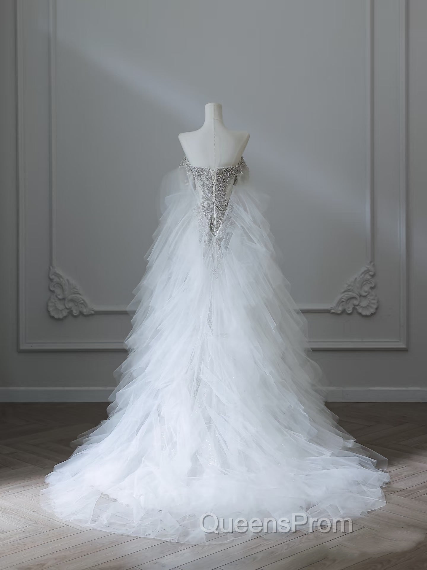 Modest Mermaid Off The Shoulder White Tulle Long Wedding Dress Brides Dress Ss3843 Secondary image