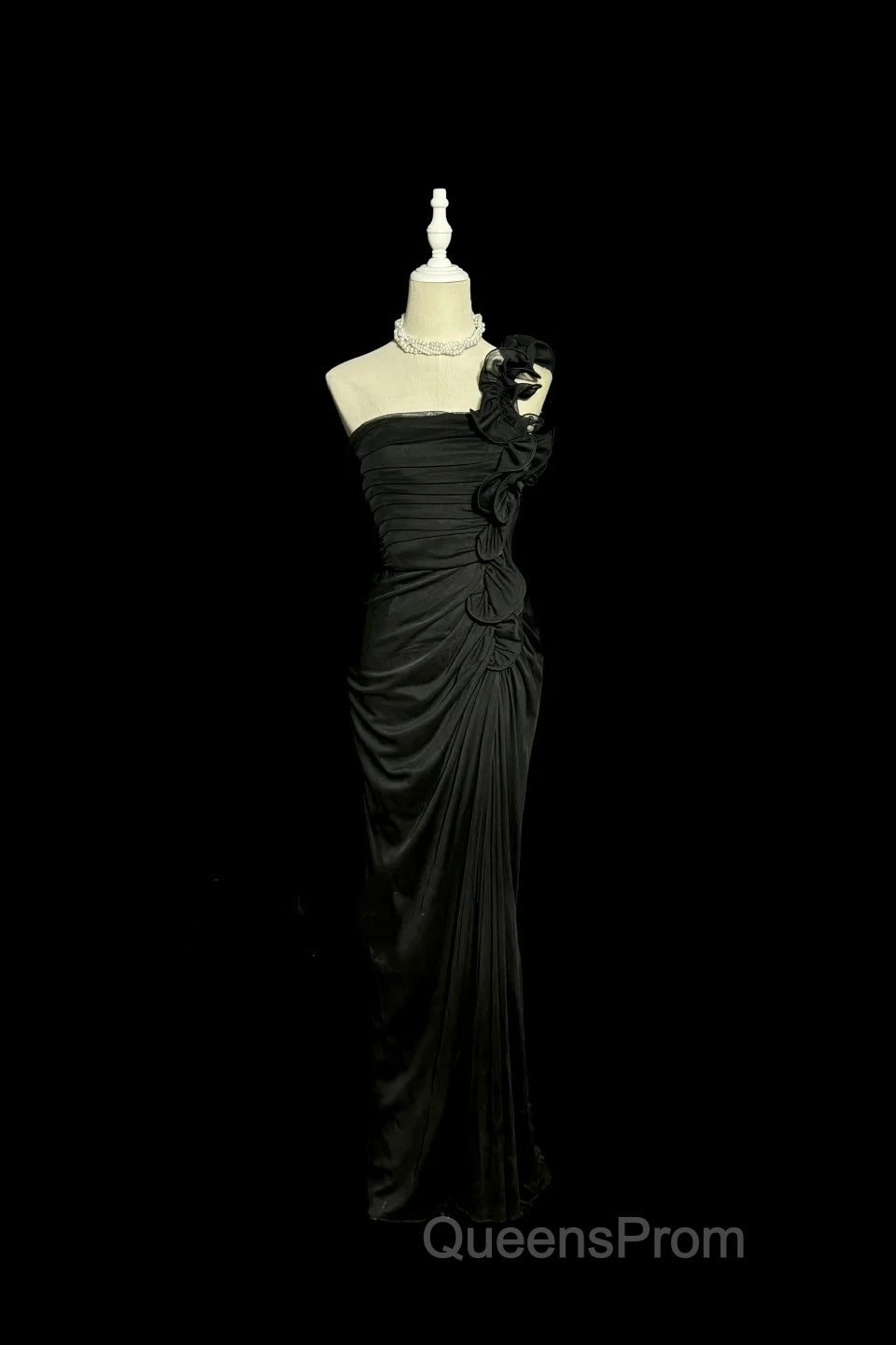 Modest Mermaid One Shoulder Black Satin Long Evening Prom Dress Party Dress Secondary image
