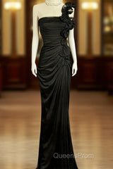 Modest Mermaid One Shoulder Black Satin Long Evening Prom Dress Party Dress