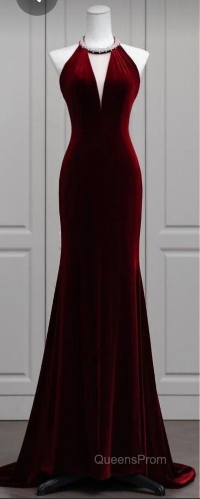Modest Mermaid Scoop Neckline Burgundy Velvet Long Party Dress Evening Prom Dress Secondary image