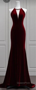 Modest Mermaid Scoop Neckline Burgundy Velvet Long Party Dress Evening Prom Dress