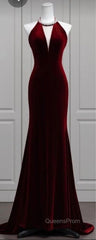 Modest Mermaid Scoop Neckline Burgundy Velvet Long Party Dress Evening Prom Dress
