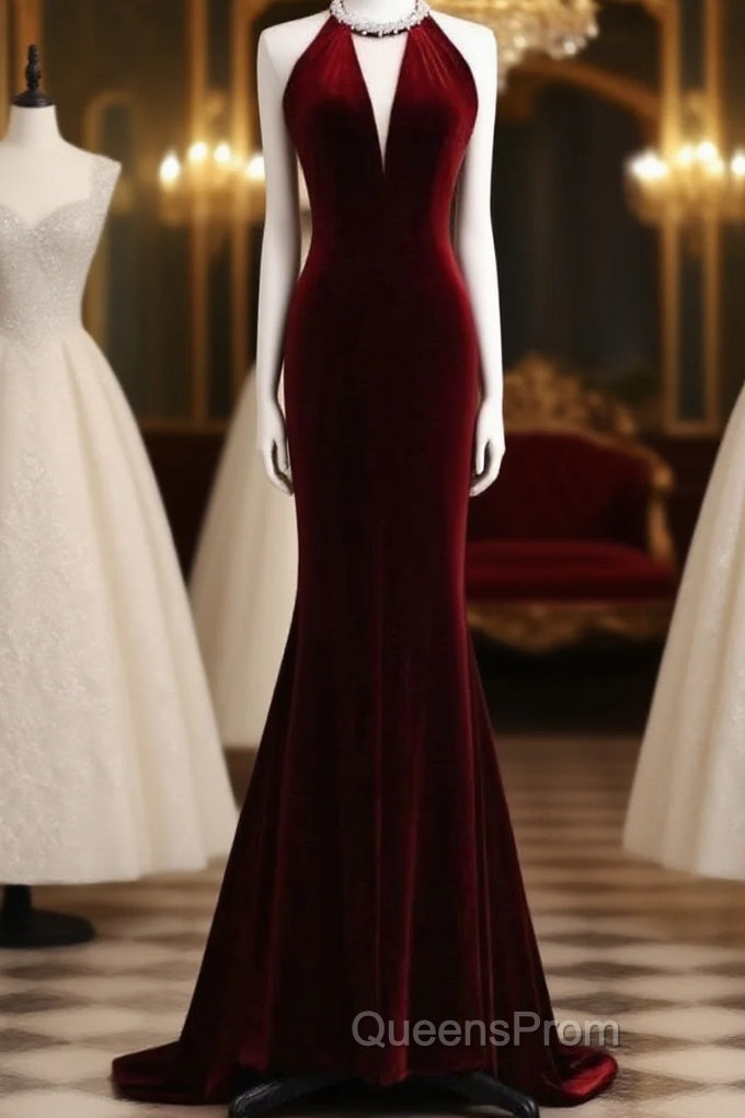Modest Mermaid Scoop Neckline Burgundy Velvet Long Party Dress Evening Prom Dress Main image