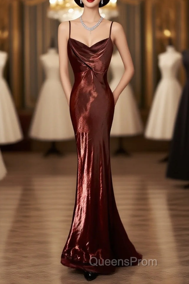 Modest Mermaid Spaghetti Straps Burgundy Evening Prom Dress Ruffle Long Party Dress Main image