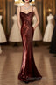 Modest Mermaid Spaghetti Straps Burgundy Evening Prom Dress Ruffle Long Party Dress