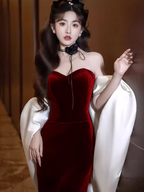 Modest Mermaid Strapless Burgundy Long Classy Prom Dress