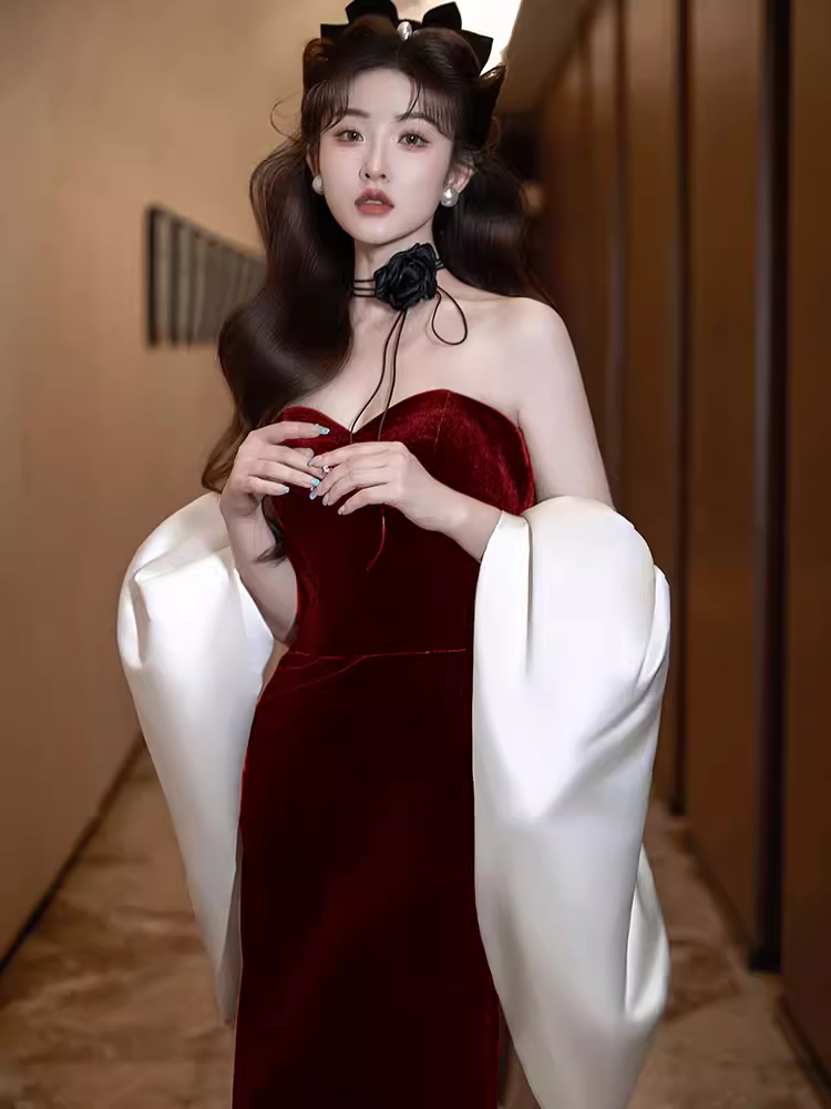 Modest Mermaid Strapless Burgundy Long Classy Prom Dress