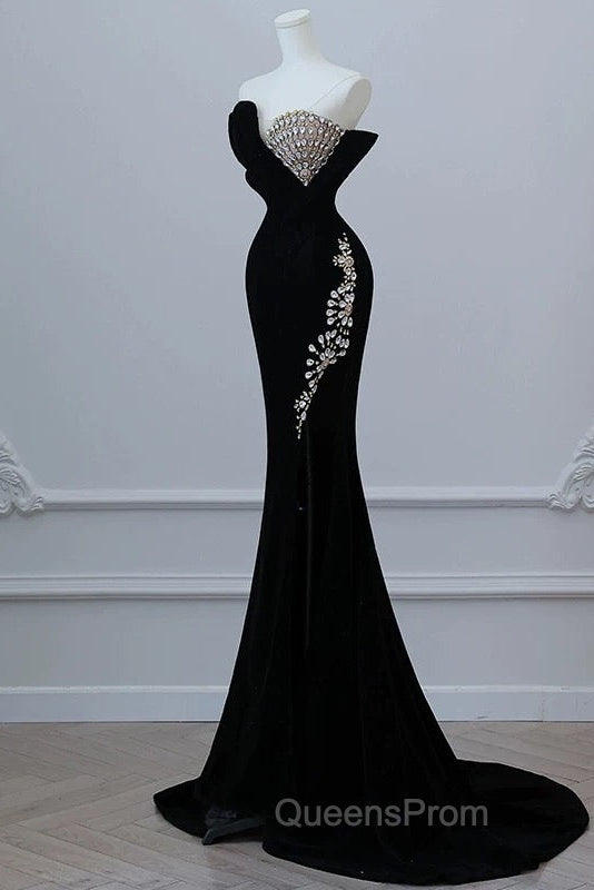 Modest Mermaid Strapless Black Long Floor Length Beads Evening Prom Dress Secondary image