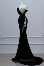 Modest Mermaid Strapless Black Long Floor Length Beads Evening Prom Dress