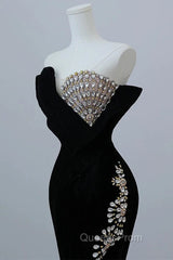 Modest Mermaid Strapless Black Long Floor Length Beads Evening Prom Dress