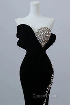 Modest Mermaid Strapless Black Long Floor Length Beads Evening Prom Dress