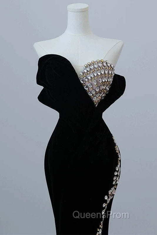 Modest Mermaid Strapless Black Long Floor Length Beads Evening Prom Dress