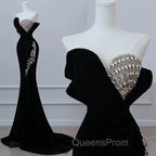 Modest Mermaid Strapless Black Long Floor Length Beads Evening Prom Dress