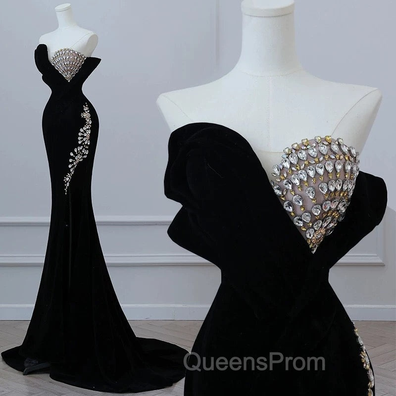 Modest Mermaid Strapless Black Long Floor Length Beads Evening Prom Dress