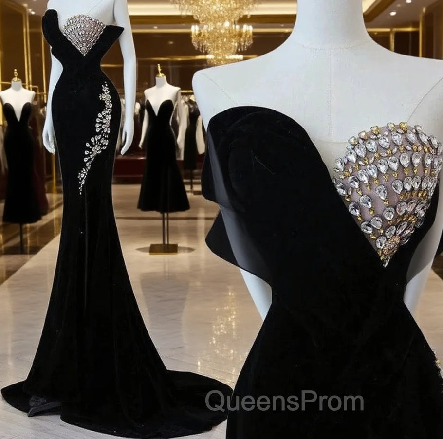 Modest Mermaid Strapless Black Long Floor Length Beads Evening Prom Dress Main image