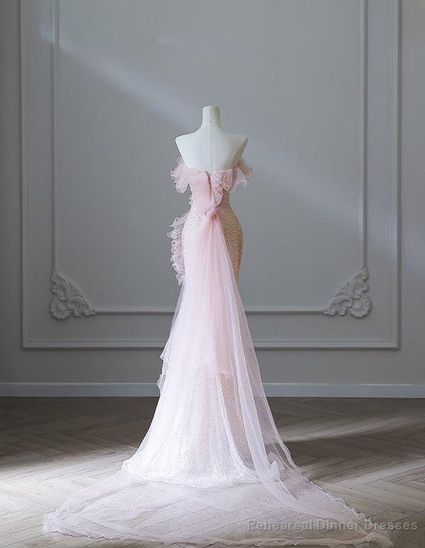 Modest Mermaid Strapless Pink Tulle Flowers Evening Dress Long Prom Dresses Secondary image