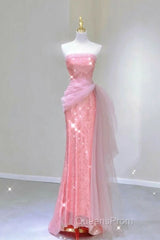 Modest Mermaid Strapless Pink Tulle Ruffles Long Party Dress Evening Prom Dress