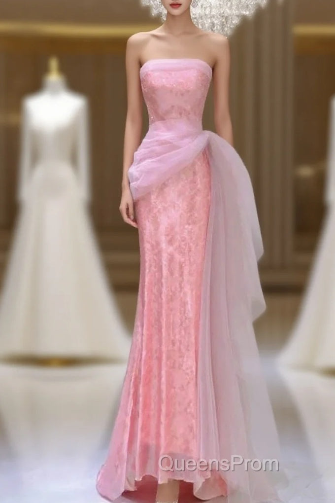 Modest Mermaid Strapless Pink Tulle Ruffles Long Party Dress Evening Prom Dress Main image