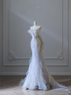 Modest Mermaid Strapless Tulle Flowers Evening Dress Long Prom Dresses