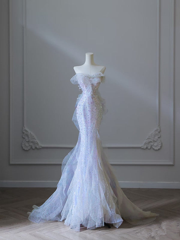 Modest Mermaid Strapless Tulle Flowers Classy Evening Dress Long Classy Prom Dress