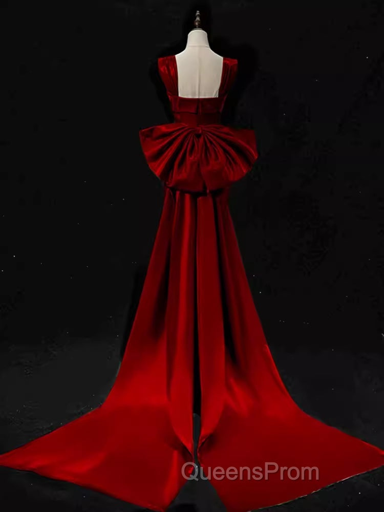 Modest Mermaid Straps Long Sleeveless Red Evening Prom Dress