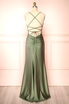 Modest Mermaid Straps Sage Green Slit Long Classy Prom Dress