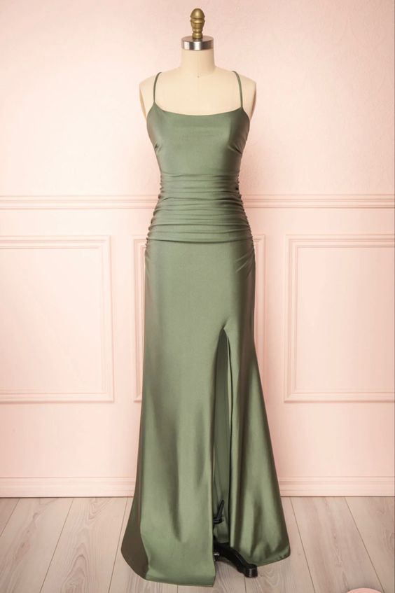 Modest Mermaid Straps Sage Green Slit Long Classy Prom Dress Main image
