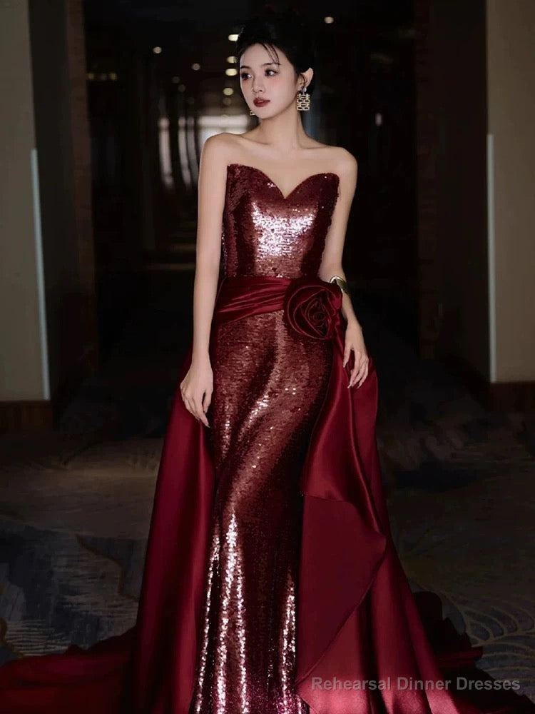 Modest Mermaid Sweetheart Burgundy Floor Length Evening Dress Sequin Prom Dresses Main image
