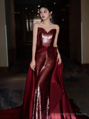 Modest Mermaid Sweetheart Burgundy Floor Length Evening Dress Sequin Prom Dresses