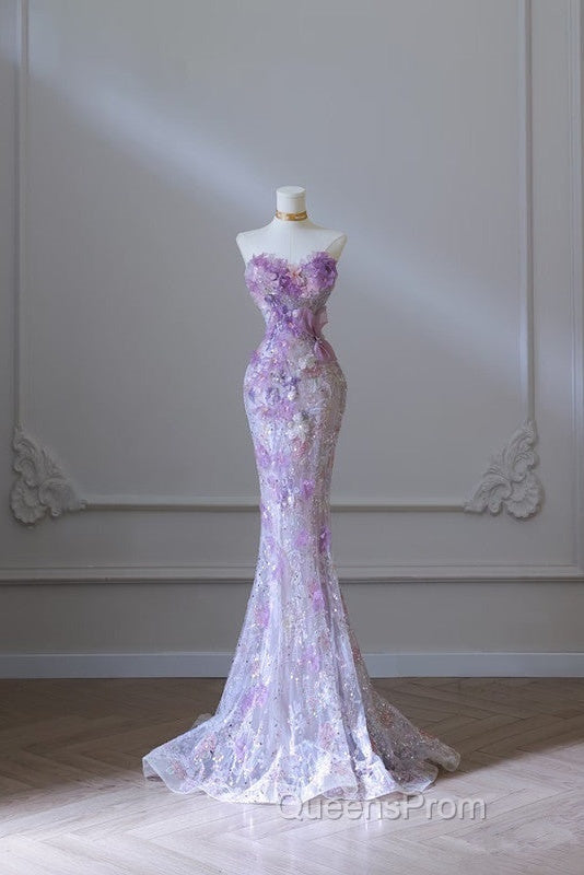 Modest Mermaid Sweetheart Lilac Tulle Sequin Flowers Evening Dress Long Evening Prom Dress Secondary image
