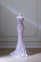 Modest Mermaid Sweetheart Lilac Tulle Sequin Flowers Evening Dress Long Evening Prom Dress