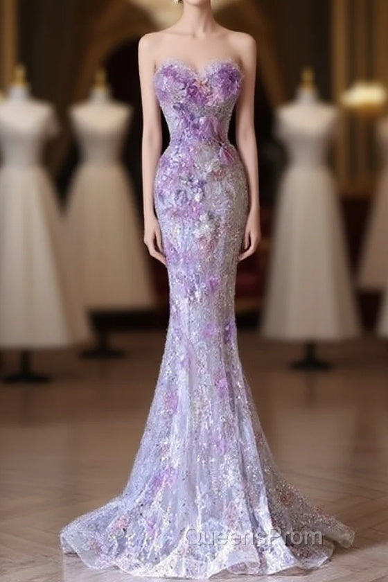 Modest Mermaid Sweetheart Lilac Tulle Sequin Flowers Evening Dress Long Evening Prom Dress Main image