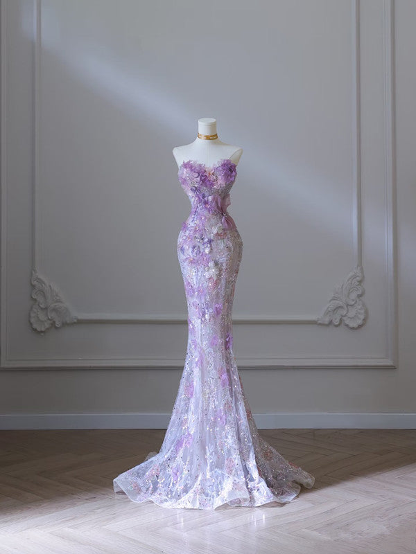 Modest Mermaid Sweetheart Lilac Tulle Sequin Flowers Classy Evening Dress Long Classy Prom Dress