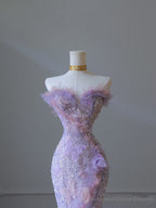 Modest Mermaid Sweetheart Lilac Tulle Sequin Flowers Evening Dress Prom Dresses