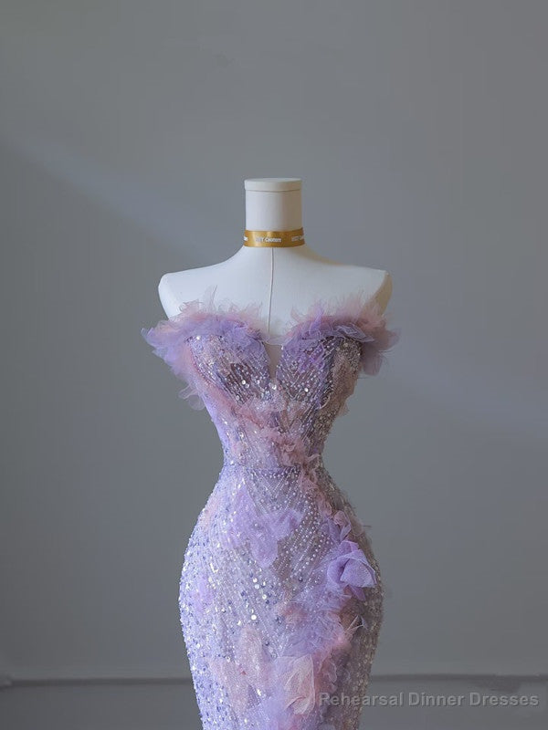 Modest Mermaid Sweetheart Lilac Tulle Sequin Flowers Evening Dress Prom Dresses