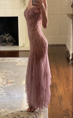 Modest Mermaid V Neckline Pink Chiffon Ruffles Long Party Dress Classy Prom Dress