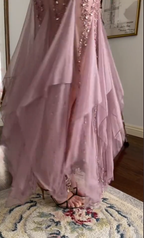 Modest Mermaid V Neckline Pink Chiffon Ruffles Long Party Dress Classy Prom Dress