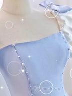 Modest Princess Short Sleeves Long Blue Satin Evening Prom Dress