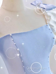 Modest Princess Short Sleeves Long Blue Satin Evening Prom Dress