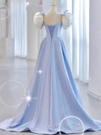 Modest Princess Short Sleeves Long Blue Satin Evening Prom Dress